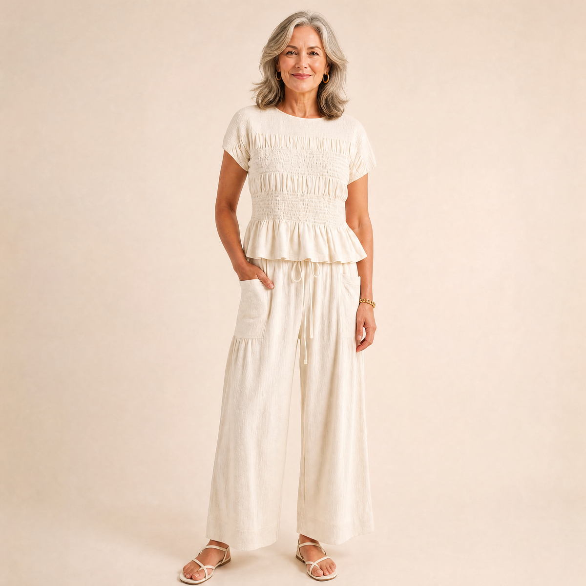 ⏰Last Day of the Sale💃Women's Smocked Short Sleeve Top & Wide Leg Pants Set