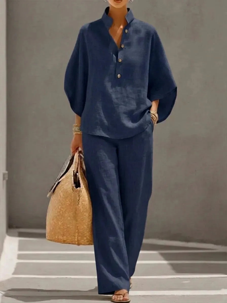 🌿🌿Women's Batwing Sleeve Two-Piece Set – Casual Shirt & Wide Leg Pants Outfit
