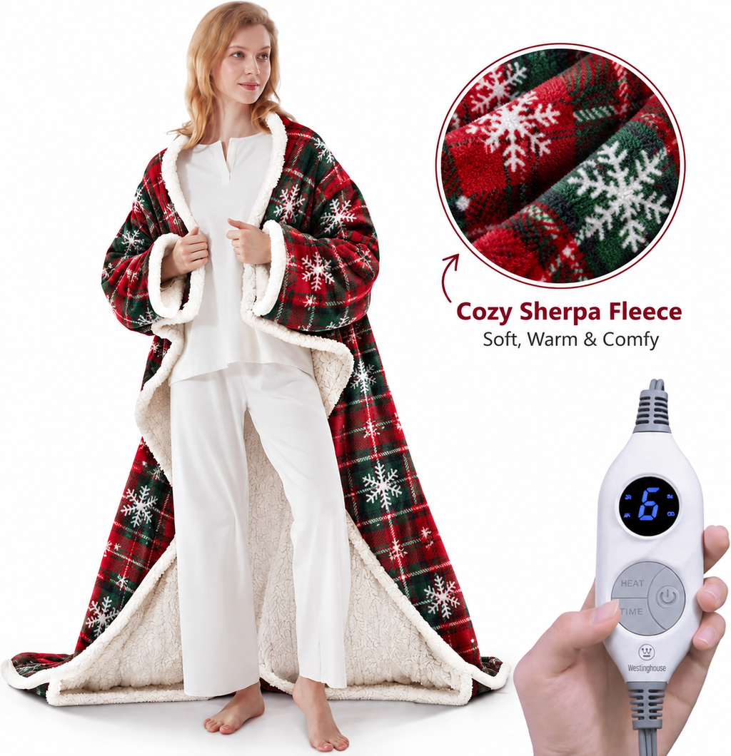 💝💝Wearable Heated Blanket with Foot Pocket Sherpa🔥Overheat Protection & Auto Shut-Off