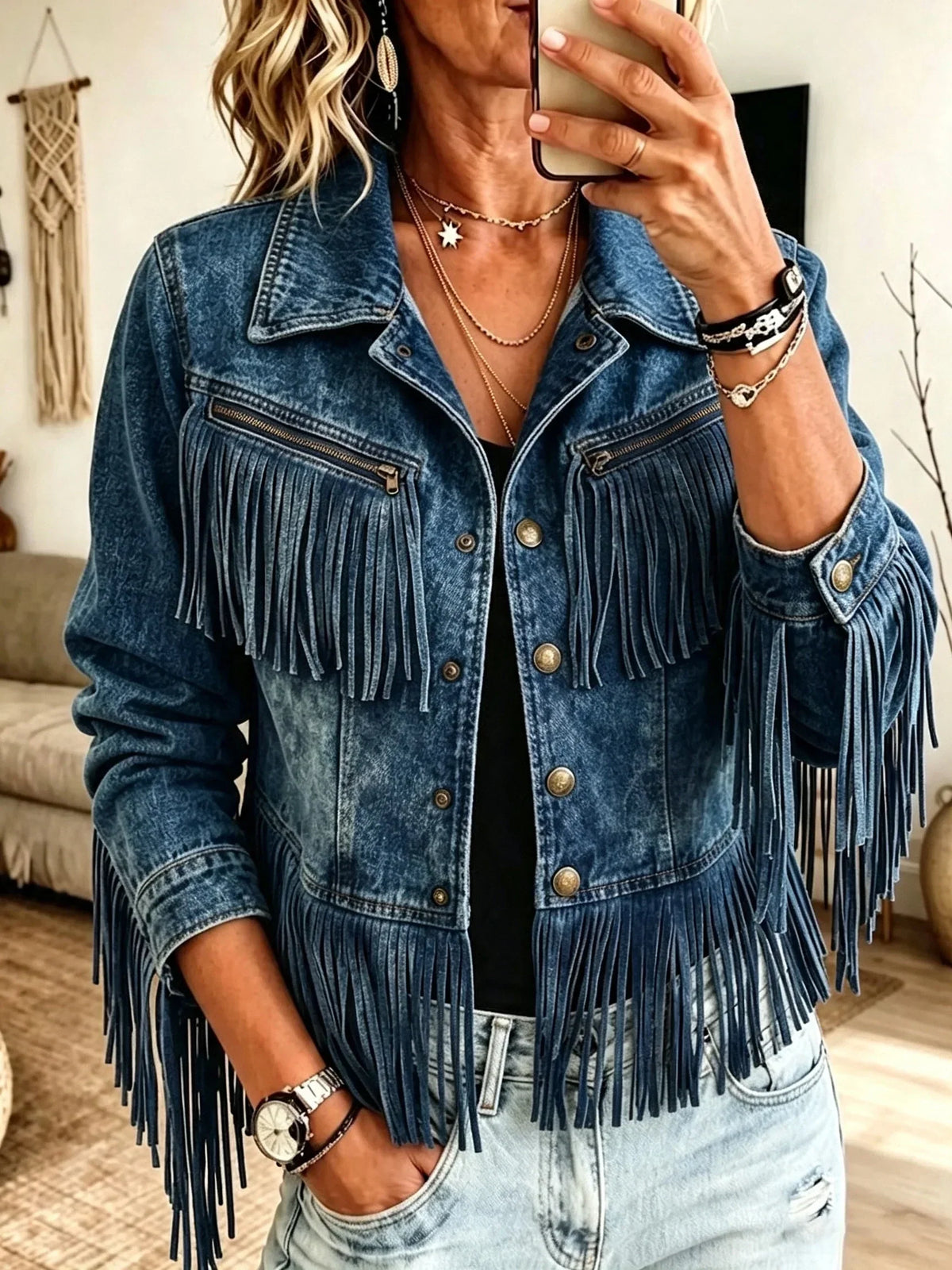 💝💝Western Fringe Cropped Denim Jacket