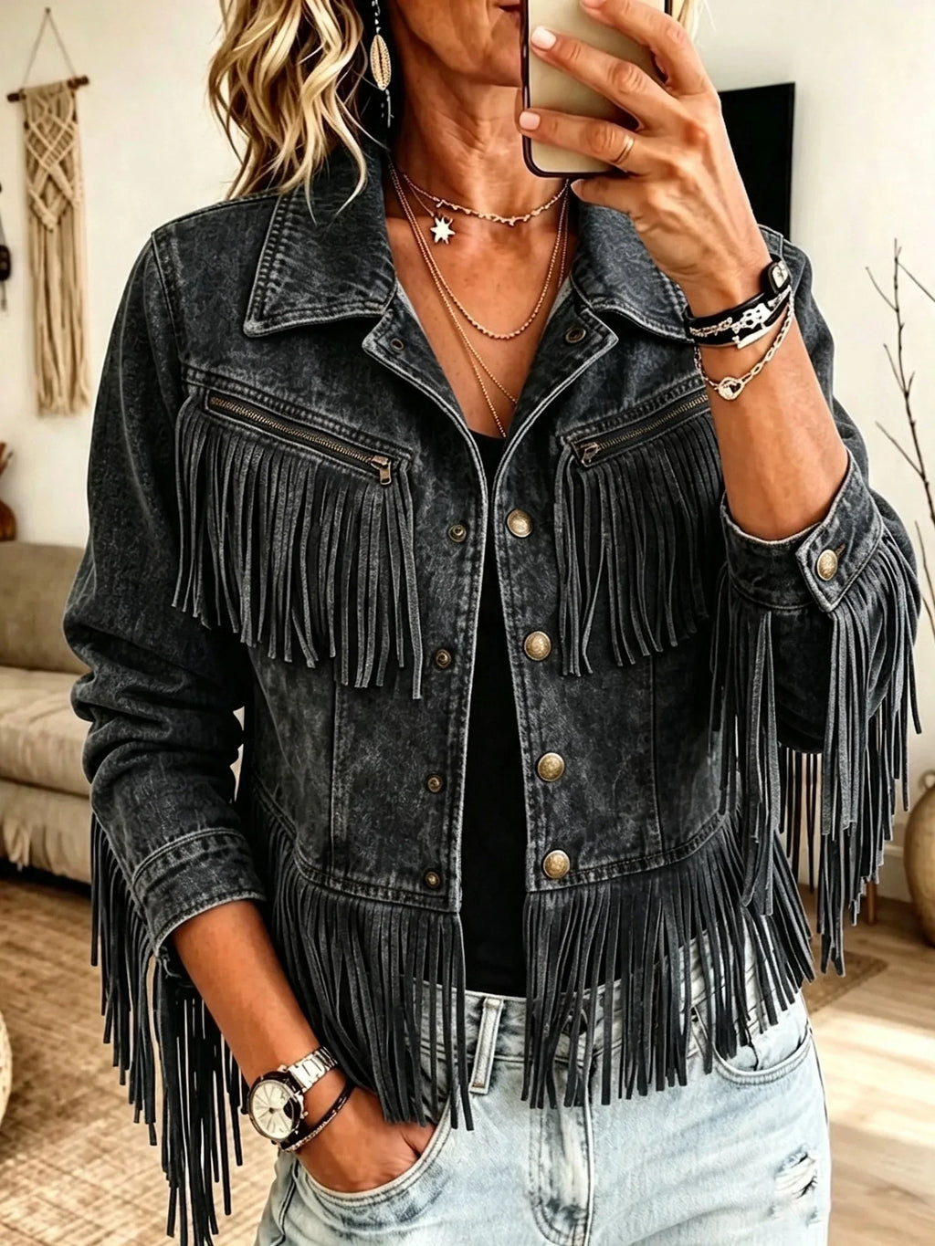 💝💝Western Fringe Cropped Denim Jacket