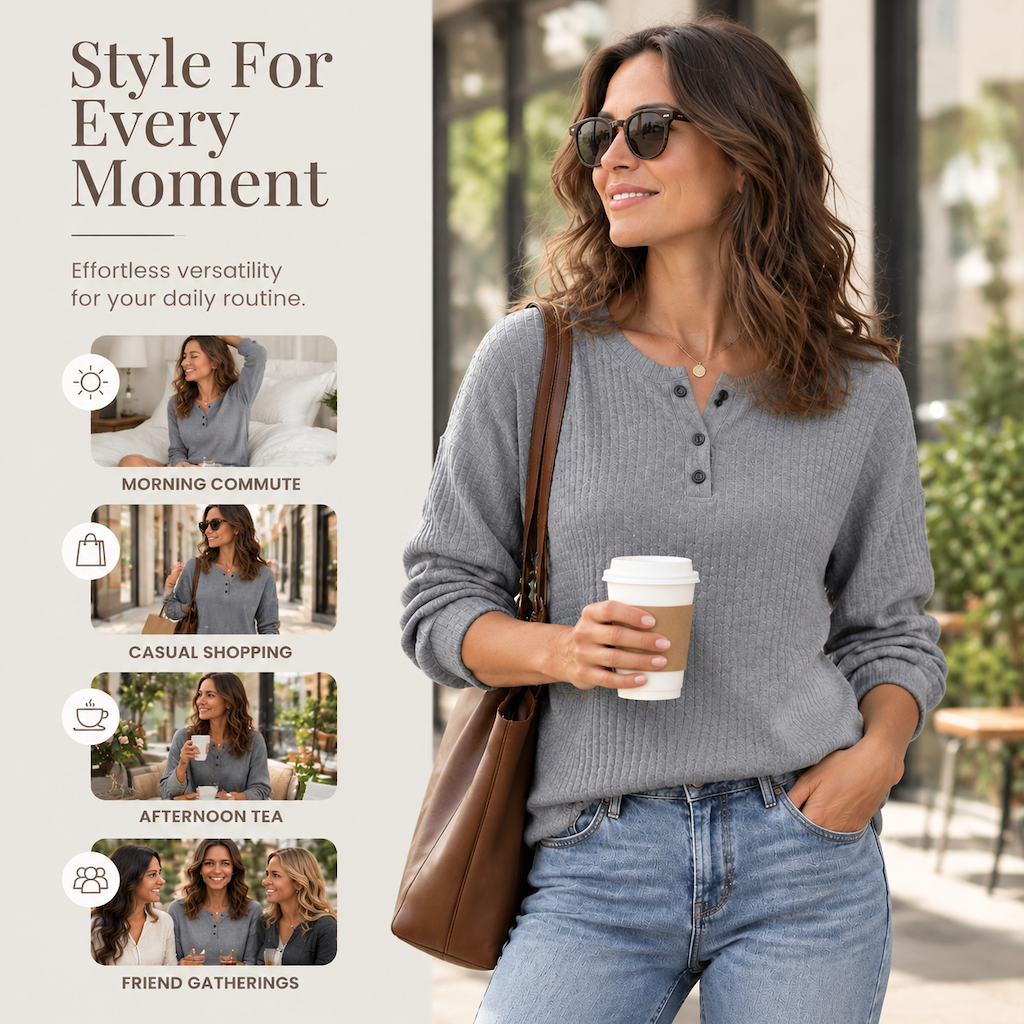 🔥🍂 LAST CHANCE — Women's Waffle Knit Sweatshirt | Loose Fit & Button-Neck Style