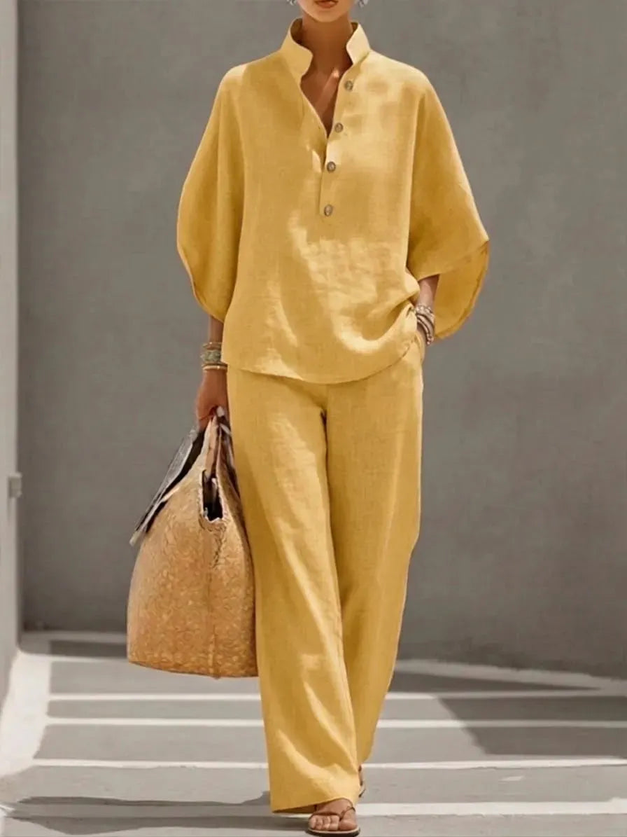 🌿🌿Women's Batwing Sleeve Two-Piece Set – Casual Shirt & Wide Leg Pants Outfit