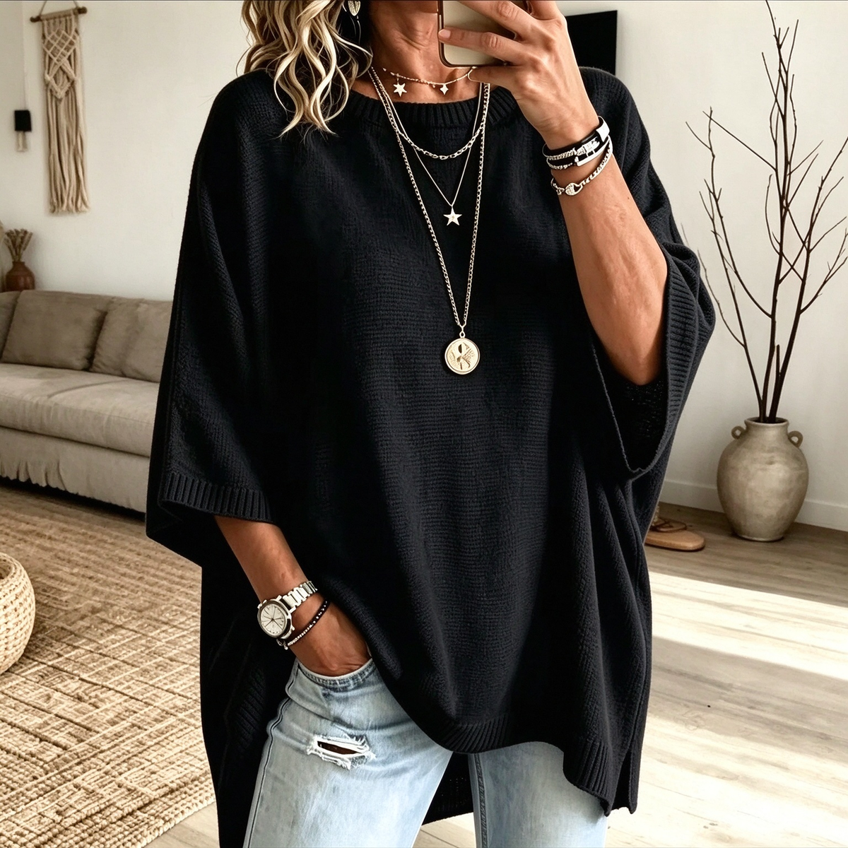 🖤 BLACK FRIDAY SALE 🖤 ☁️ Women's Oversized Short-Sleeve Knit Sweater | Relaxed Fit & Effortless Style
