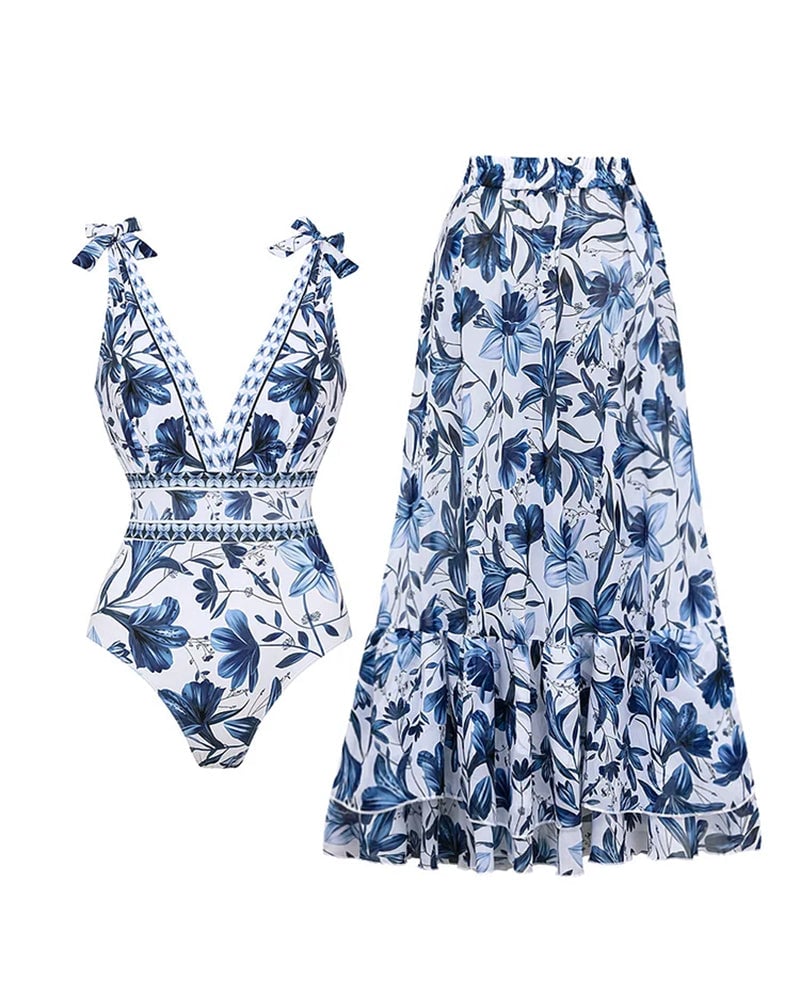 🔥V Neck Lace Up Printed One Piece Swimsuit and Skirt