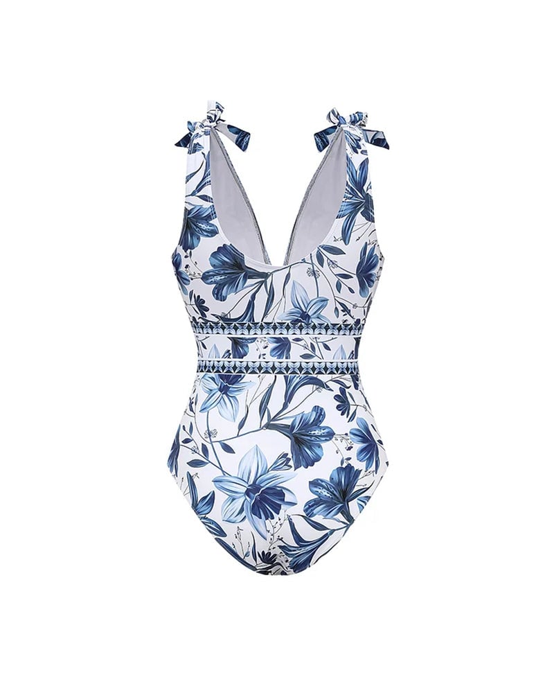 🔥V Neck Lace Up Printed One Piece Swimsuit and Skirt