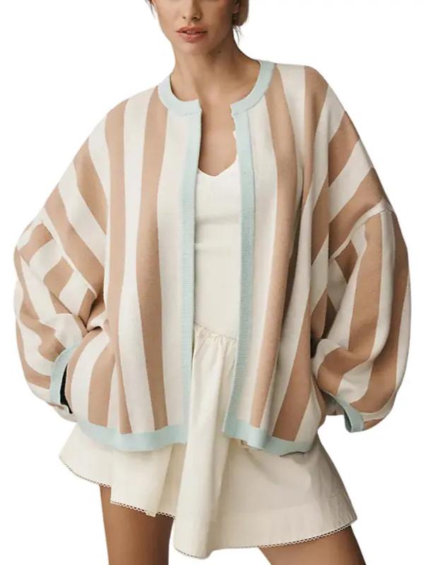 🔥FINAL HOURS — Women's Striped Knit Cardigan | Oversized Open-Front Balloon Sleeve Sweater
