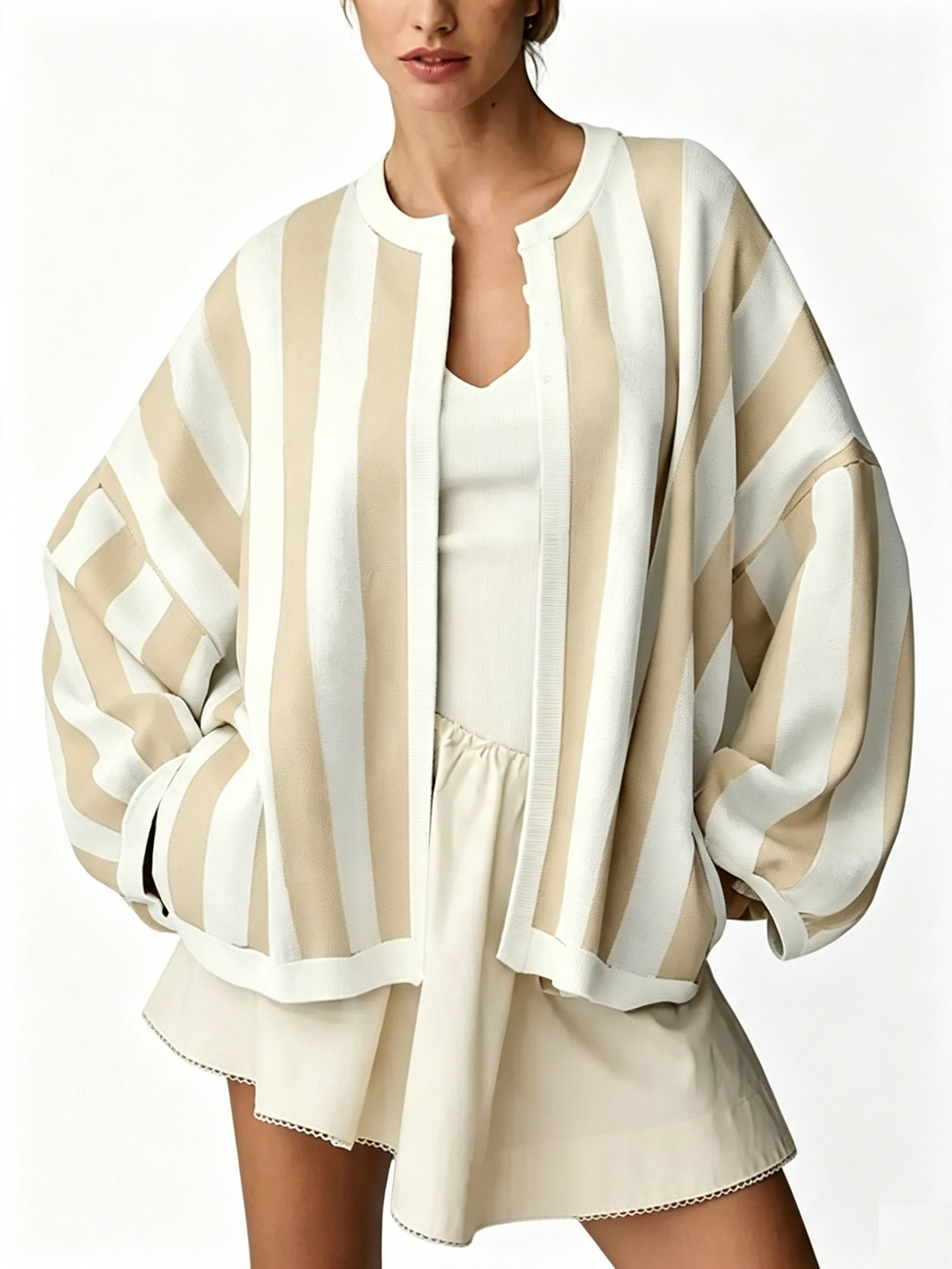 🔥FINAL HOURS — Women's Striped Knit Cardigan | Oversized Open-Front Balloon Sleeve Sweater