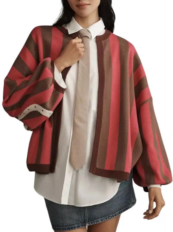 🔥FINAL HOURS — Women's Striped Knit Cardigan | Oversized Open-Front Balloon Sleeve Sweater