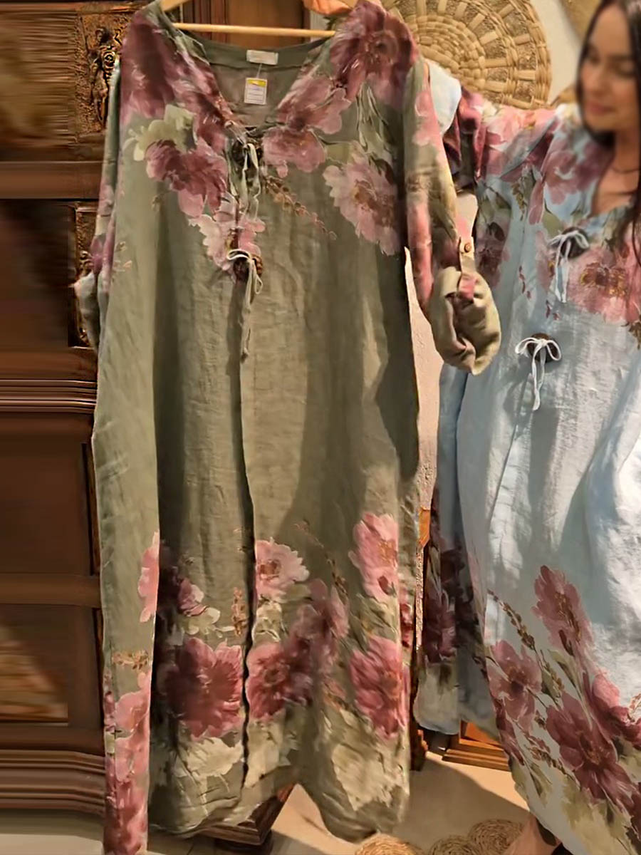🔥Women's V-neck Long Sleeve Vintage Positioning Print Casual Loose Cotton and Linen Dress