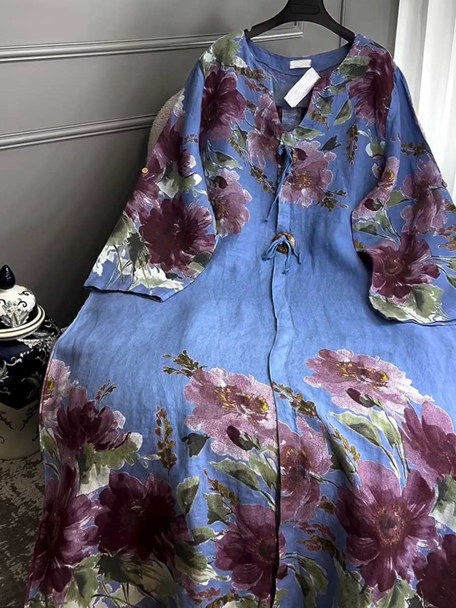 🔥Women's V-neck Long Sleeve Vintage Positioning Print Casual Loose Cotton and Linen Dress