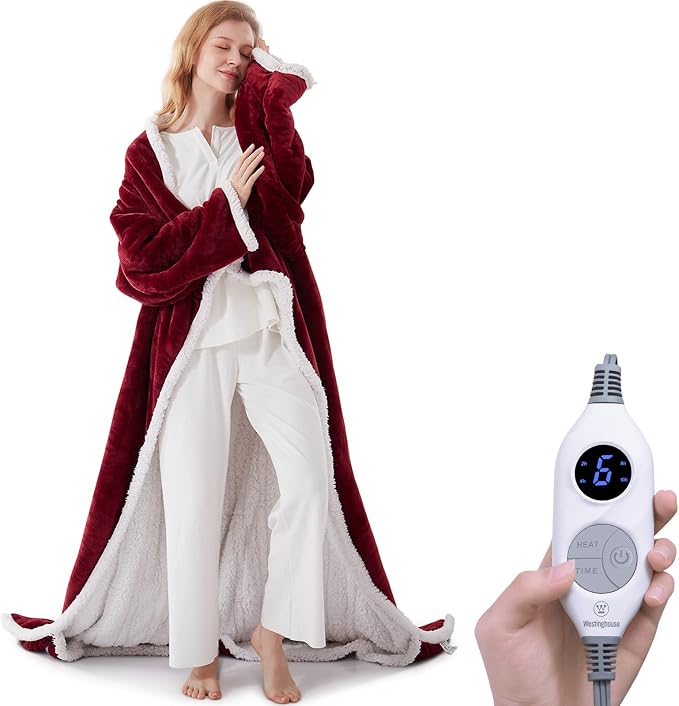 💝💝Wearable Heated Blanket with Foot Pocket Sherpa🔥Overheat Protection & Auto Shut-Off