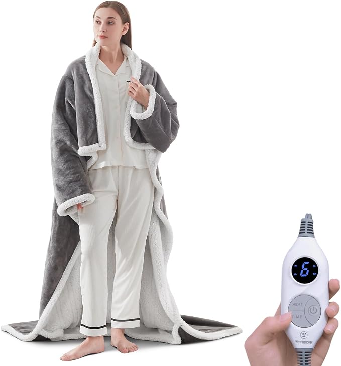 💝💝Wearable Heated Blanket with Foot Pocket Sherpa🔥Overheat Protection & Auto Shut-Off