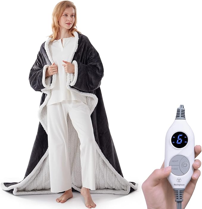 💝💝Wearable Heated Blanket with Foot Pocket Sherpa🔥Overheat Protection & Auto Shut-Off