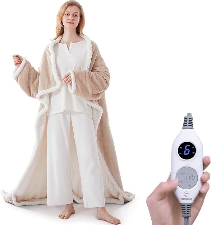💝💝Wearable Heated Blanket with Foot Pocket Sherpa🔥Overheat Protection & Auto Shut-Off
