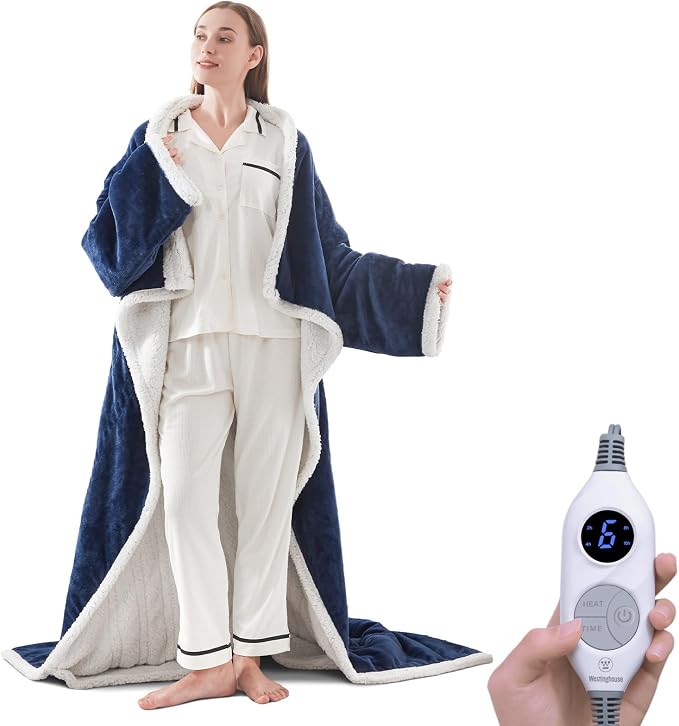 💝💝Wearable Heated Blanket with Foot Pocket Sherpa🔥Overheat Protection & Auto Shut-Off