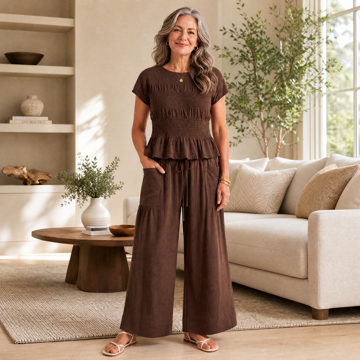 ⏰Last Day of the Sale💃Women's Smocked Short Sleeve Top & Wide Leg Pants Set