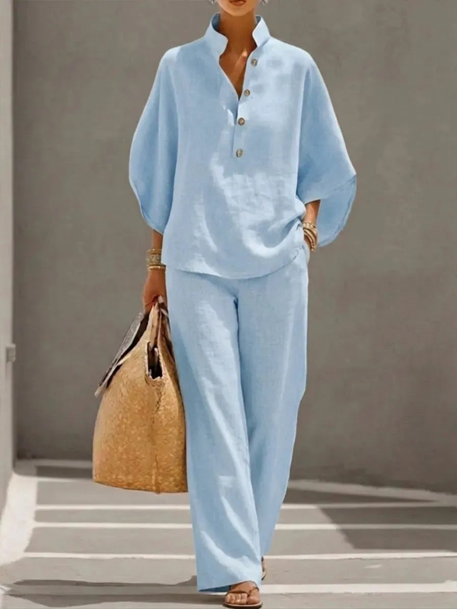 🌿🌿Women's Batwing Sleeve Two-Piece Set – Casual Shirt & Wide Leg Pants Outfit