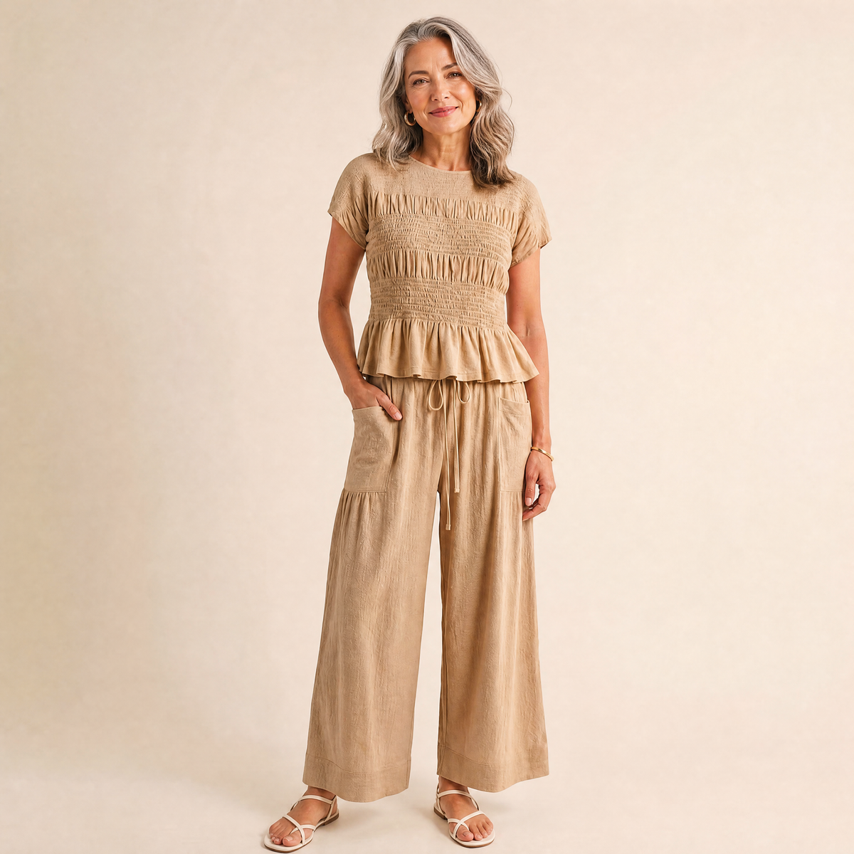 ⏰Last Day of the Sale💃Women's Smocked Short Sleeve Top & Wide Leg Pants Set