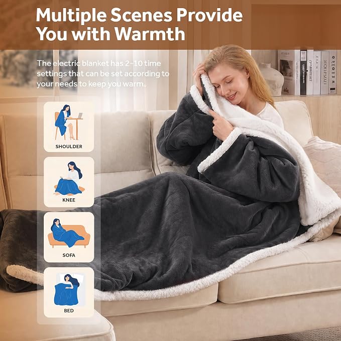 💝💝Wearable Heated Blanket with Foot Pocket Sherpa🔥Overheat Protection & Auto Shut-Off
