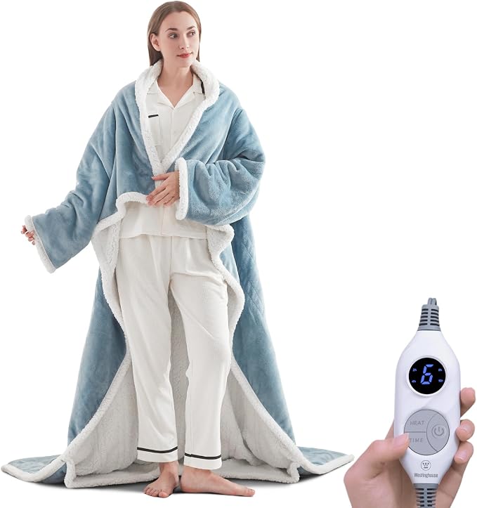 💝💝Wearable Heated Blanket with Foot Pocket Sherpa🔥Overheat Protection & Auto Shut-Off
