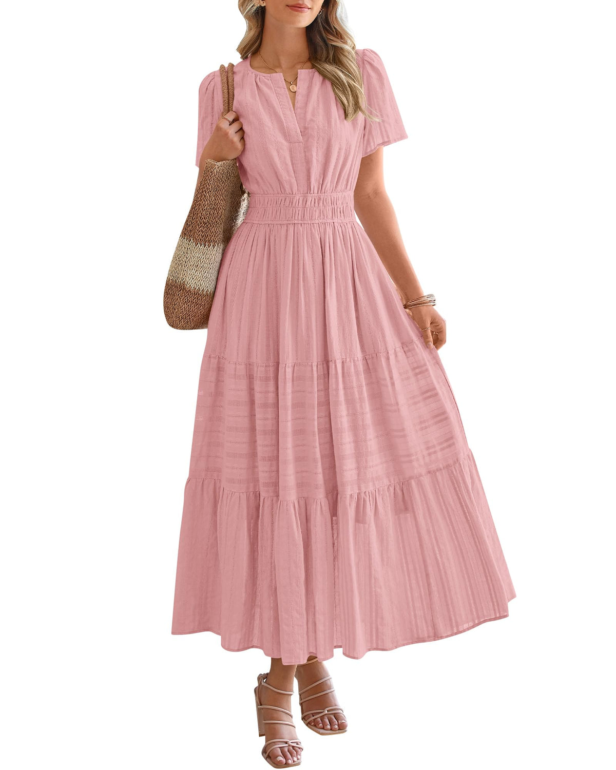 🔥🔥🔥Limited time sale Women's Lightweight Short Sleeve V Neck Elastic Waist Dresses