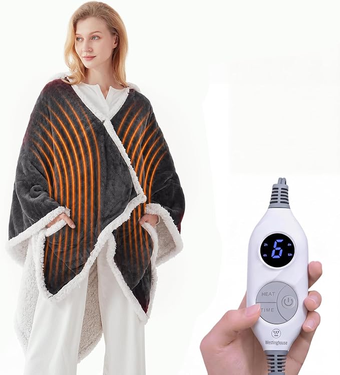 💝💝Wearable Heated Blanket with Foot Pocket Sherpa🔥Overheat Protection & Auto Shut-Off