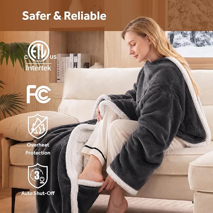 💝💝Wearable Heated Blanket with Foot Pocket Sherpa🔥Overheat Protection & Auto Shut-Off