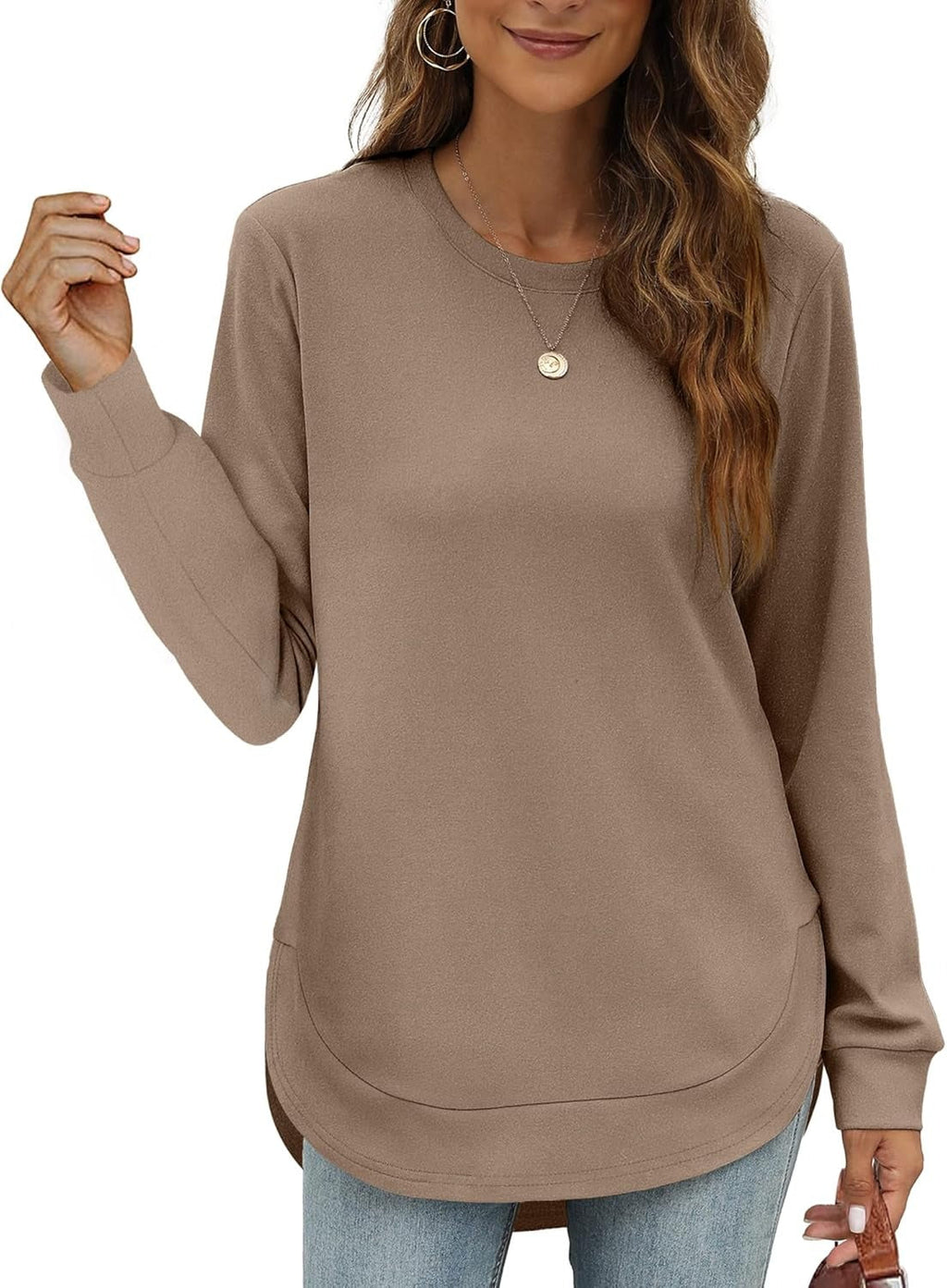 Limited time sale🔥Womens Sweatshirt Crewneck Long Sleeve Shirts Tops Curved Hem