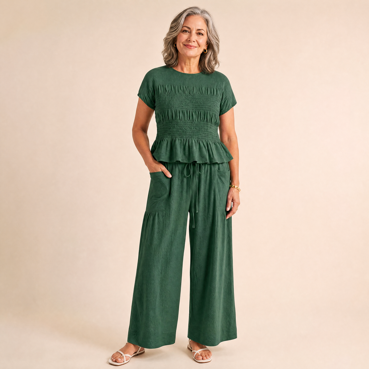 ⏰Last Day of the Sale💃Women's Smocked Short Sleeve Top & Wide Leg Pants Set