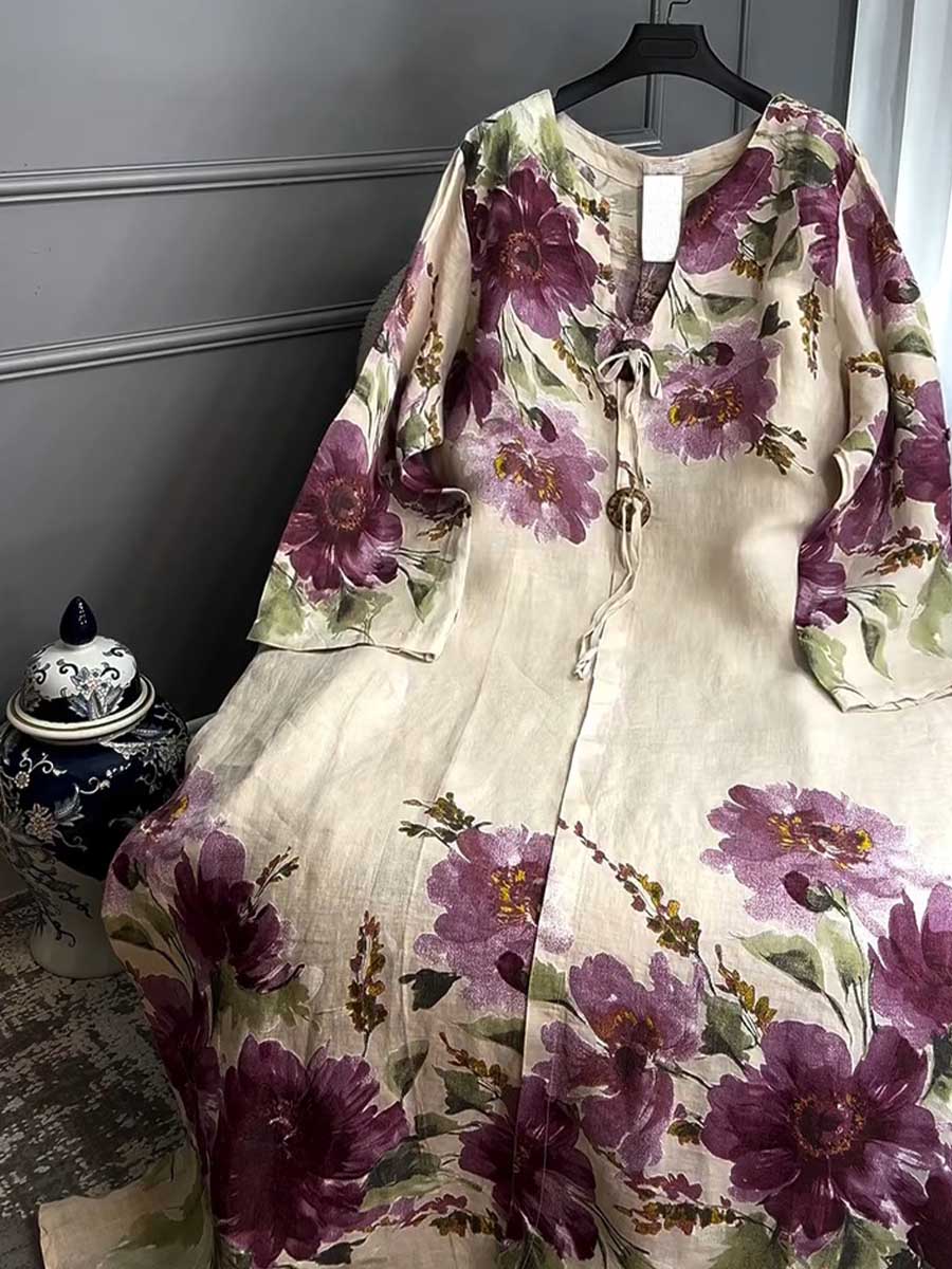 🔥Women's V-neck Long Sleeve Vintage Positioning Print Casual Loose Cotton and Linen Dress