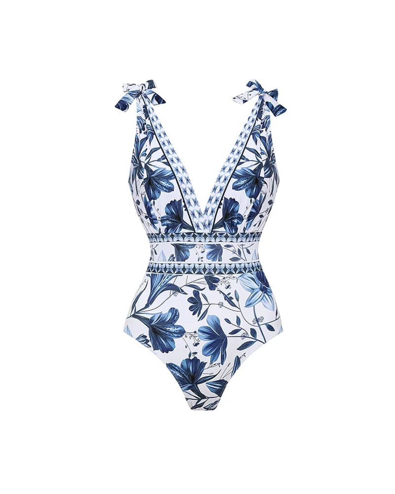 🔥V Neck Lace Up Printed One Piece Swimsuit and Skirt
