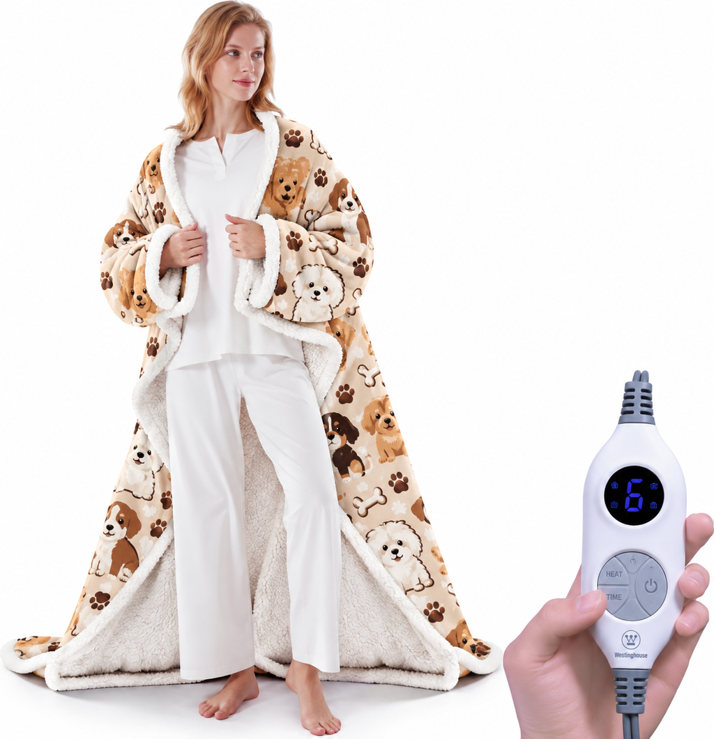 💝💝Wearable Heated Blanket with Foot Pocket Sherpa🔥Overheat Protection & Auto Shut-Off