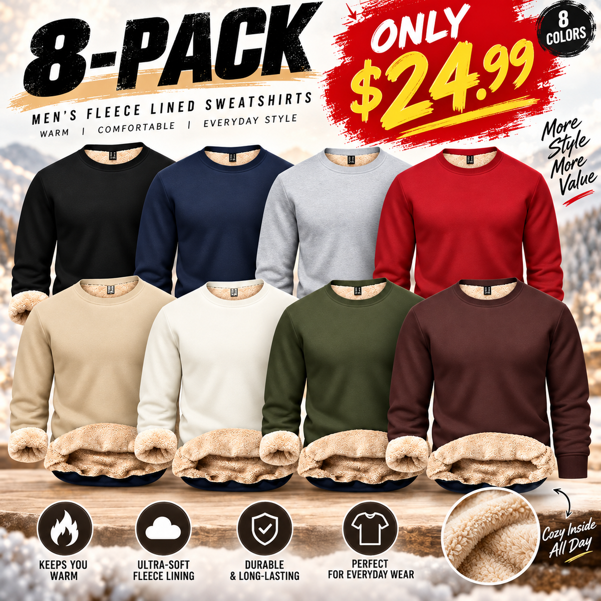 💝💝Men's Fitted Crewneck Fleece Lined Sweatshirt, Wind Resistant Polyester Athletic Pullover, Casual Fashion Active Tops