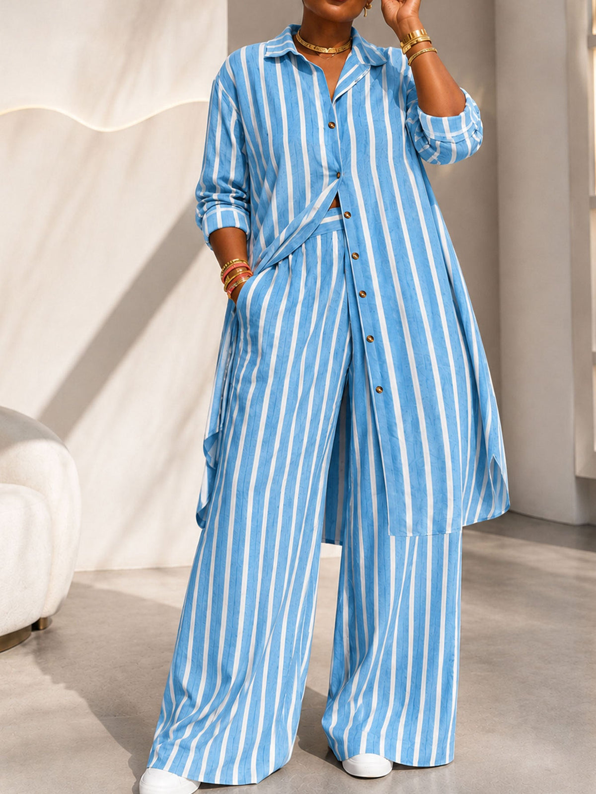 🖤 BLACK FRIDAY SALE 🖤 ☁️ Women's Striped Longline Two-Piece Set | Elegant Style & Relaxed Fit