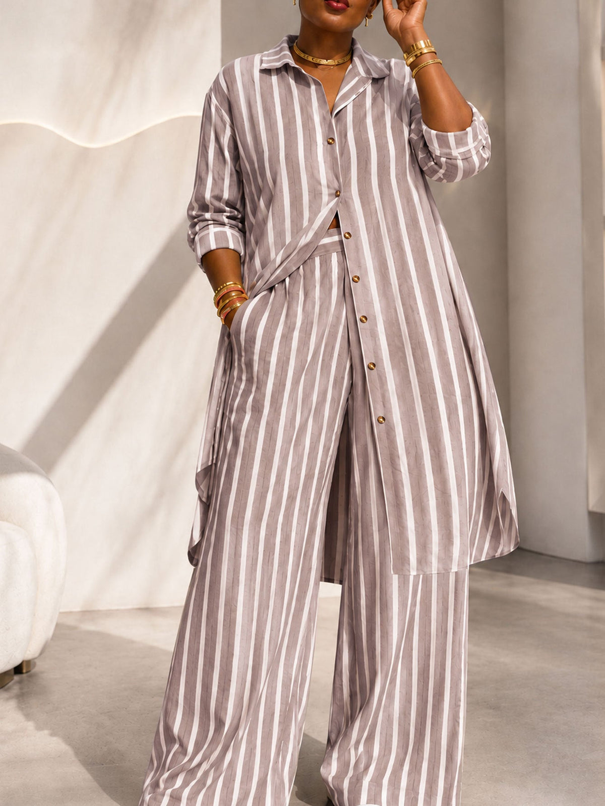 🖤 BLACK FRIDAY SALE 🖤 ☁️ Women's Striped Longline Two-Piece Set | Elegant Style & Relaxed Fit