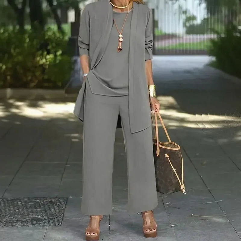 🔥 FINAL HOURS — Women's Minimalist 3-Piece Set | Long Cardigan & Wide-Leg Pants