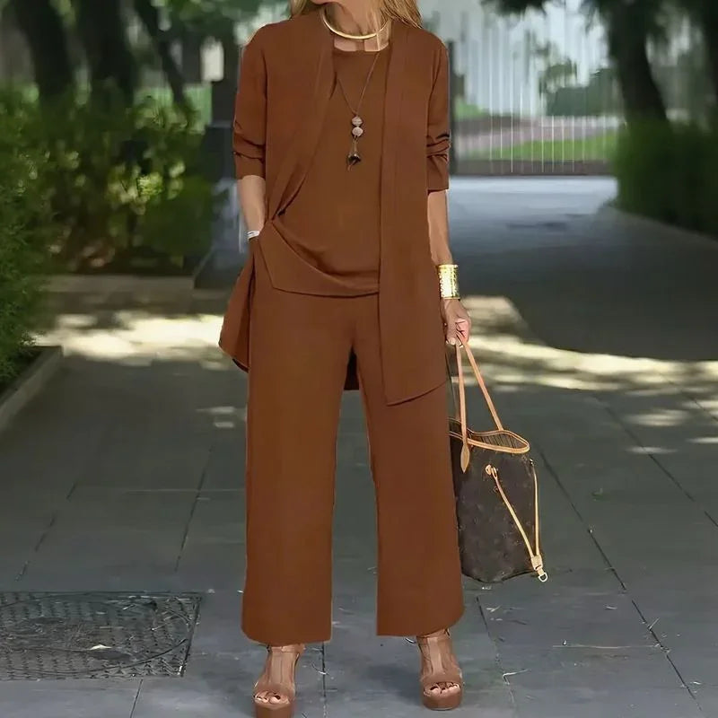 🔥 FINAL HOURS — Women's Minimalist 3-Piece Set | Long Cardigan & Wide-Leg Pants