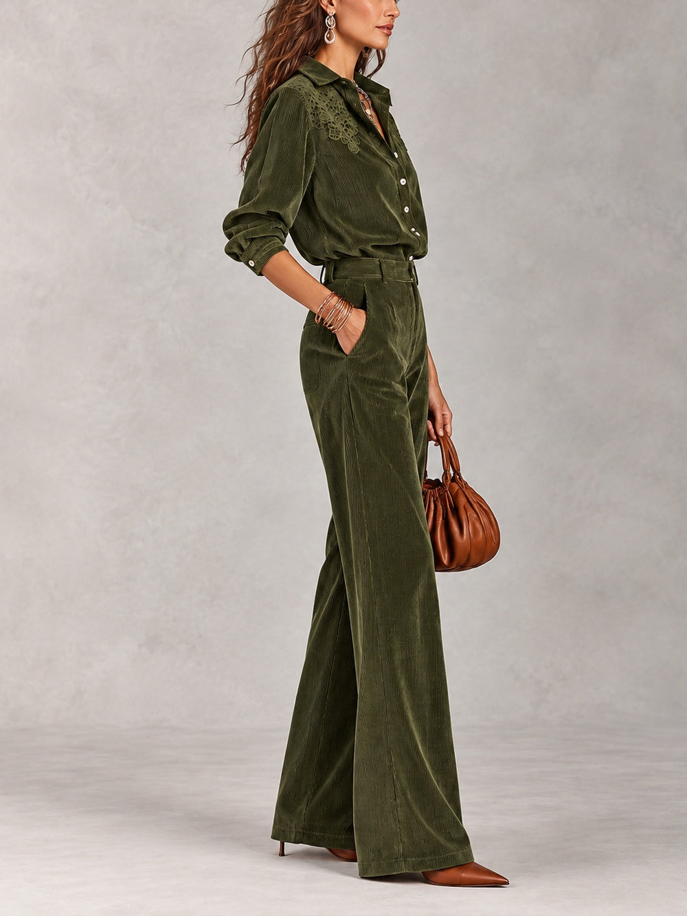 🔥 FINAL HOURS — Women's Corduroy 2-Piece Set | Lace-Embroidered Shirt & Wide-Leg Pants