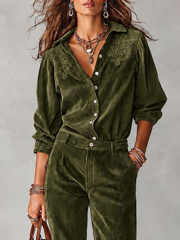 🔥 FINAL HOURS — Women's Corduroy 2-Piece Set | Lace-Embroidered Shirt & Wide-Leg Pants