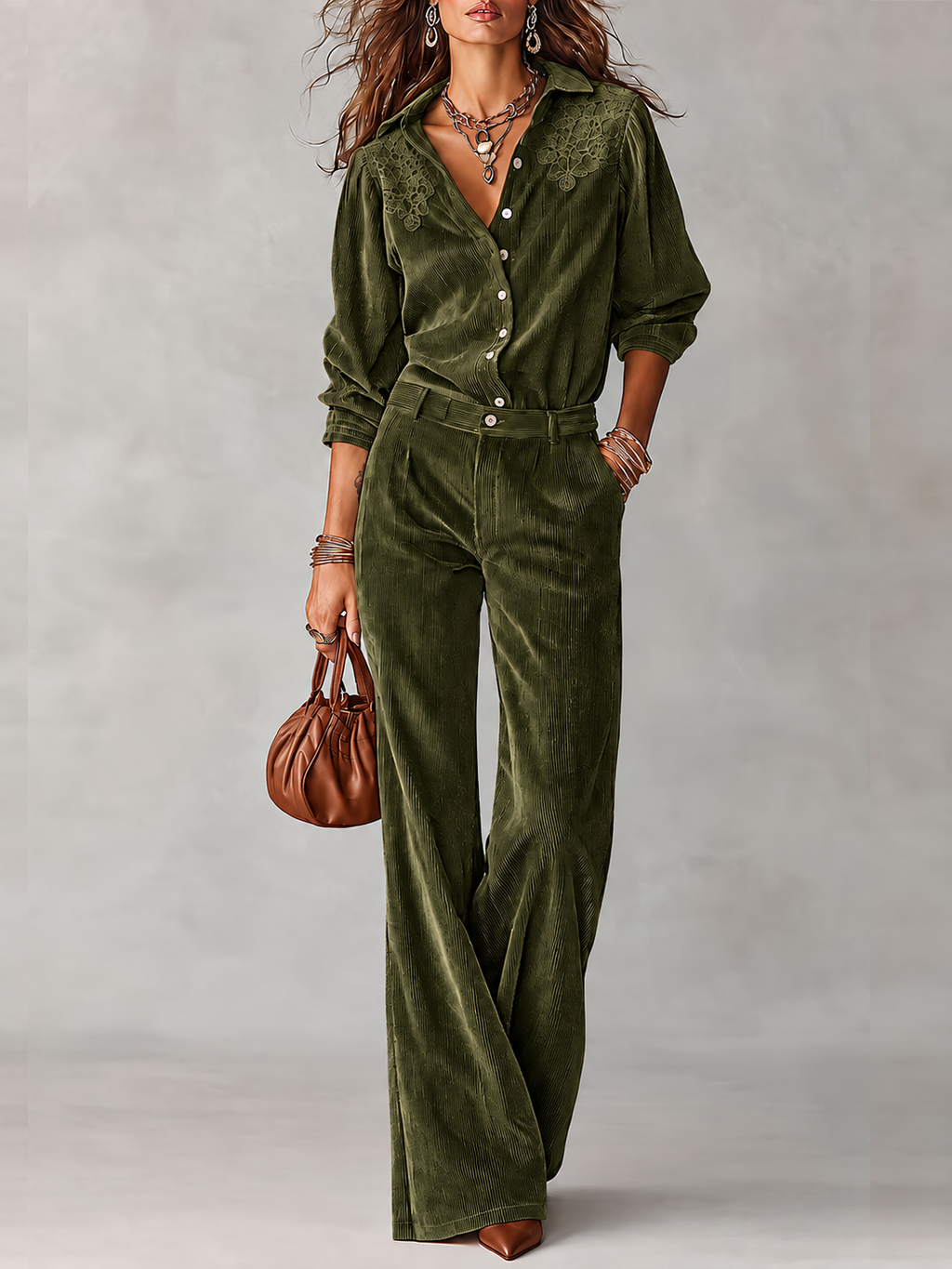 🔥 FINAL HOURS — Women's Corduroy 2-Piece Set | Lace-Embroidered Shirt & Wide-Leg Pants