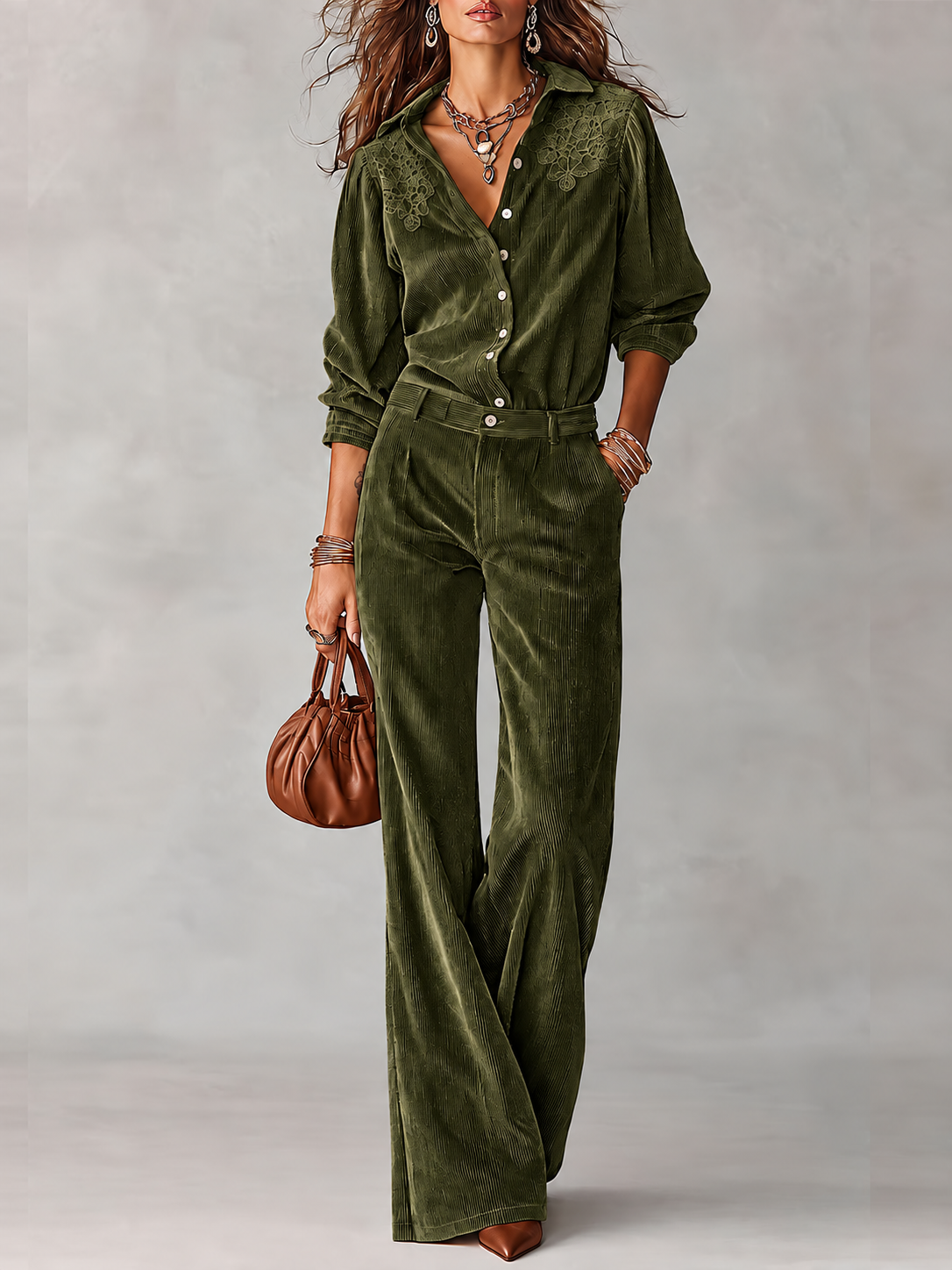 🔥 FINAL HOURS — Women's Corduroy 2-Piece Set | Lace-Embroidered Shirt & Wide-Leg Pants