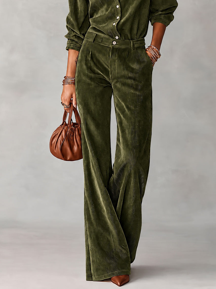 🔥 FINAL HOURS — Women's Corduroy 2-Piece Set | Lace-Embroidered Shirt & Wide-Leg Pants