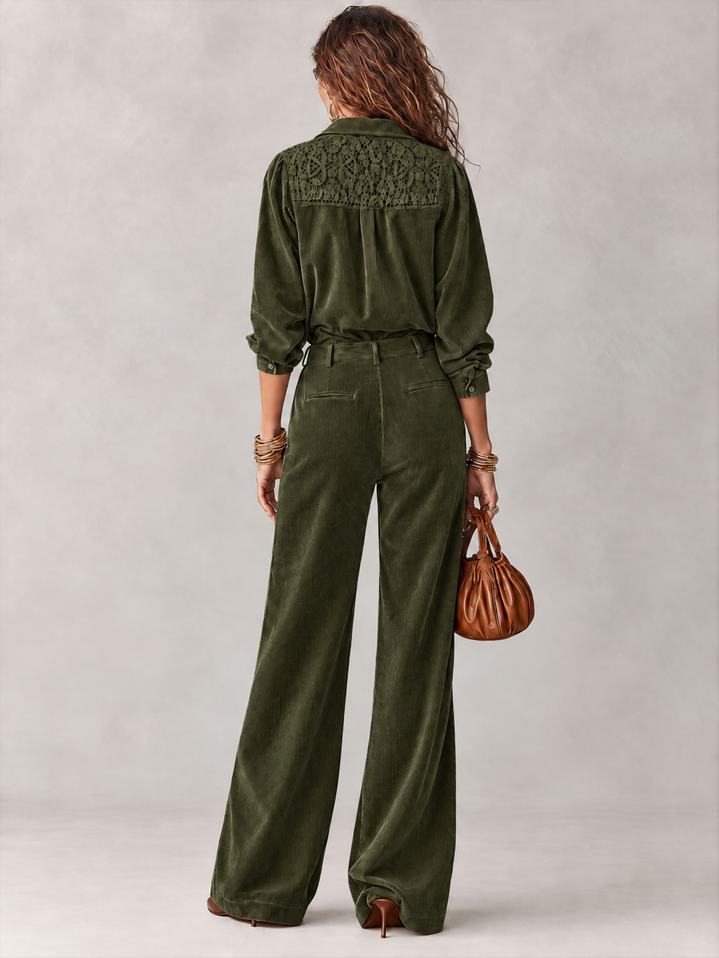🔥 FINAL HOURS — Women's Corduroy 2-Piece Set | Lace-Embroidered Shirt & Wide-Leg Pants