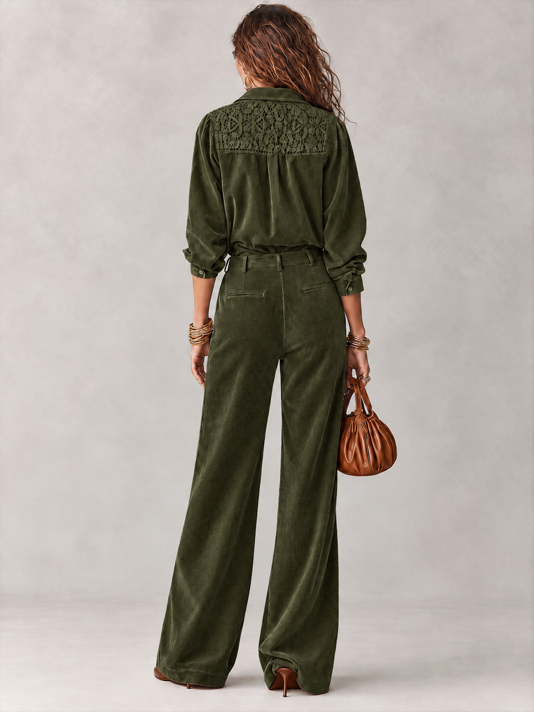 🔥 FINAL HOURS — Women's Corduroy 2-Piece Set | Lace-Embroidered Shirt & Wide-Leg Pants