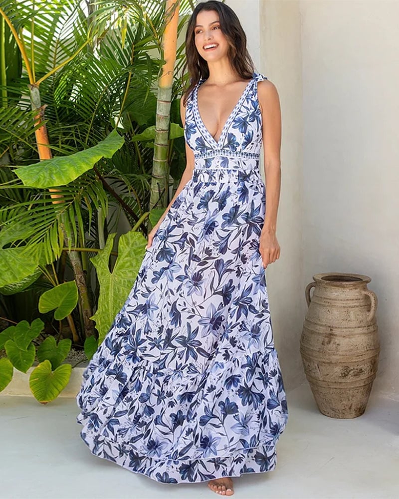 🔥V Neck Lace Up Printed One Piece Swimsuit and Skirt