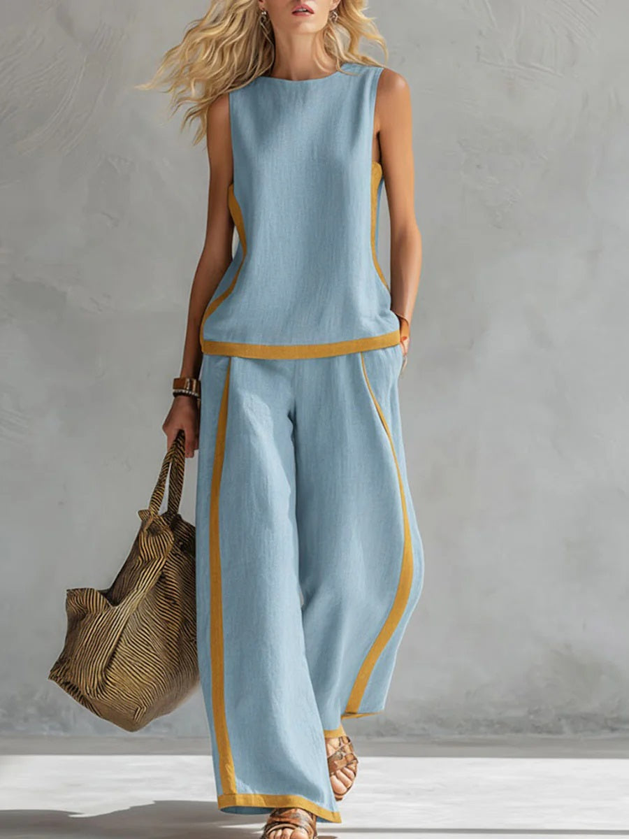 New Arrivals🔥 Women's Round Neck Sleeveless Casual Loose Top & Loose Wide-leg Pants Cotton and Linen Set