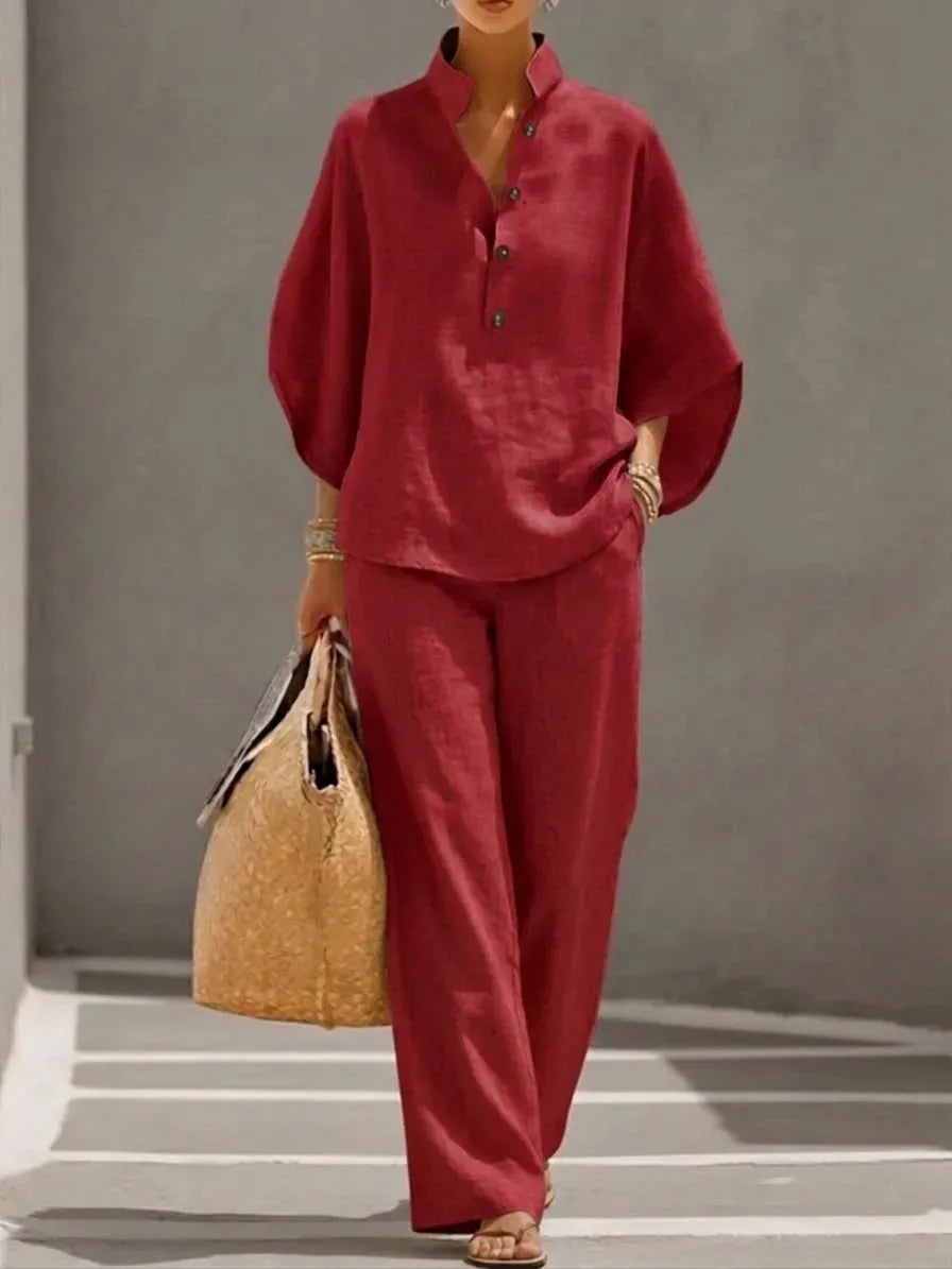 🌿🌿Women's Batwing Sleeve Two-Piece Set – Casual Shirt & Wide Leg Pants Outfit