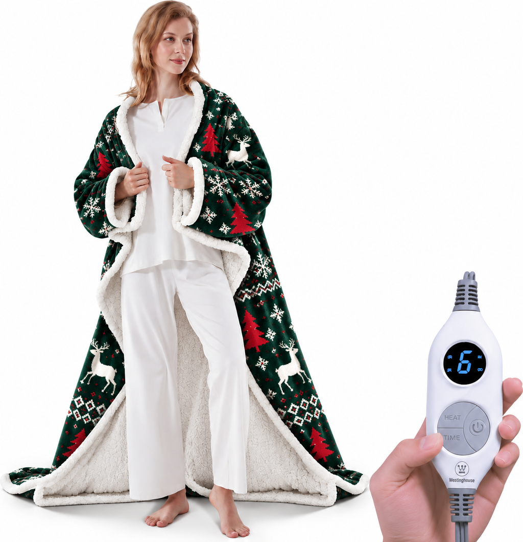 💝💝Wearable Heated Blanket with Foot Pocket Sherpa🔥Overheat Protection & Auto Shut-Off