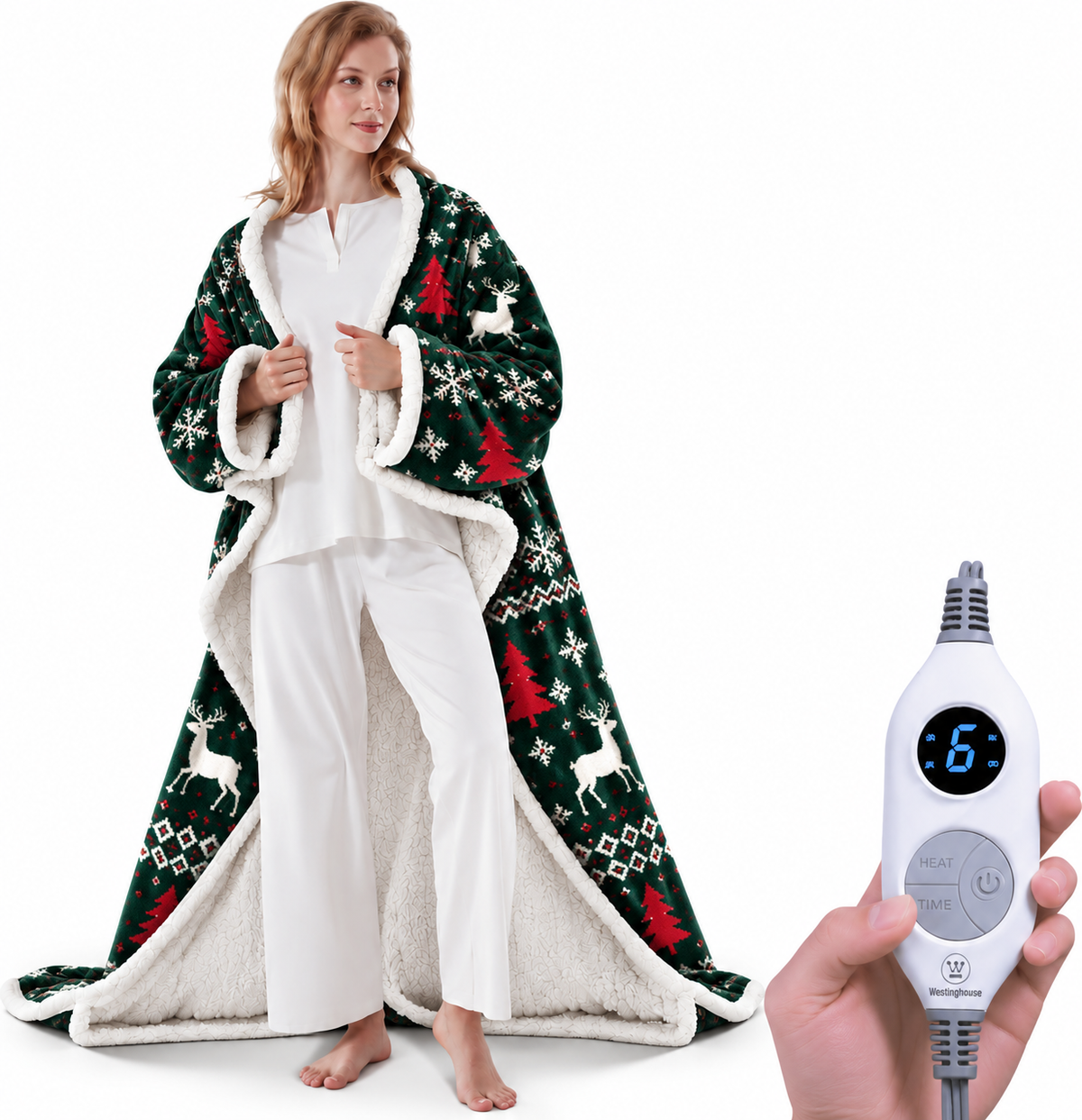 💝💝Wearable Heated Blanket with Foot Pocket Sherpa🔥Overheat Protection & Auto Shut-Off